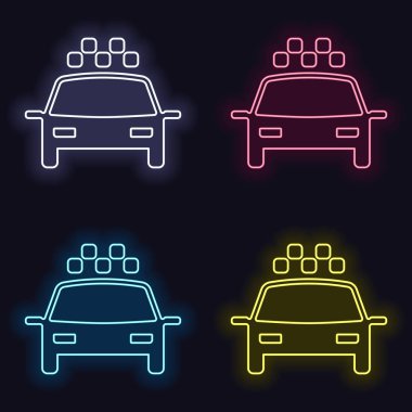 Taksi ya da araba. Basit simgesi. Neon işareti kümesi. Koyu arka plan üzerinde casino tarzı. Seamless modeli