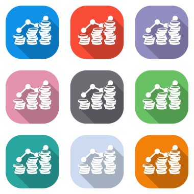 Sikke yığını, ekonomi büyür. Beyaz simgeleri uygulamalar için renkli kareler olarak ayarlayın. Sorunsuz imkanı ve desen poster için