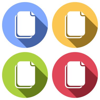 belge basit simgesi. Mavi, turuncu, yeşil ve kırmızı renkli daireler uzun gölge ile beyaz simgeler kümesi. Etiket tarzı