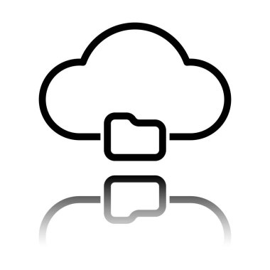 Anahat basit bulut ve klasör. Doğrusal sembolü ile ince anahat. Siyah beyaz arka plan ayna yansıması simgesiyle