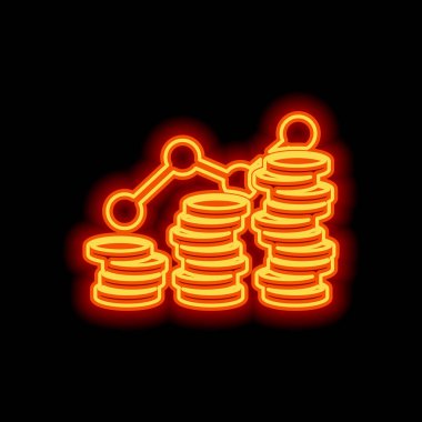 Sikke yığını, ekonomi büyür. Siyah arka plan üzerine portakal neon tarzı. Işık simgesi