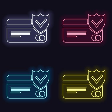 kredi kartı koruma simgesi. Moda neon işareti kümesi. Koyu arka plan üzerinde casino tarzı. Seamless modeli
