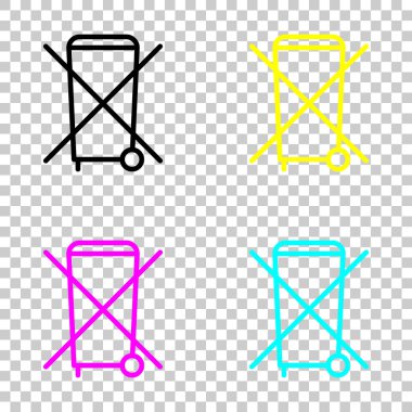 Hiçbir çöp kutusu, çapraz çöp. İnce anahat ile doğrusal simgesi. Cmyk simgeleri şeffaf arka plan üzerinde renkli dizi