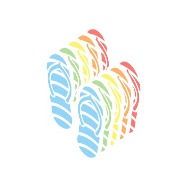 Plaj terlikleri. Flip flop simgesi. Beyaz arka plan üzerinde renkli izometrik simgeler yığını