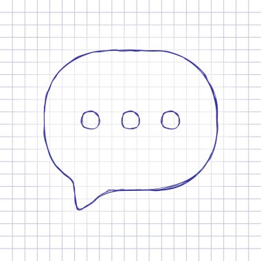 sohbet simgesi. Elle çizilmiş resim kağıt sayfası. Mavi mürekkep, anahat kroki tarzı. Damalı zemin üzerine doodle