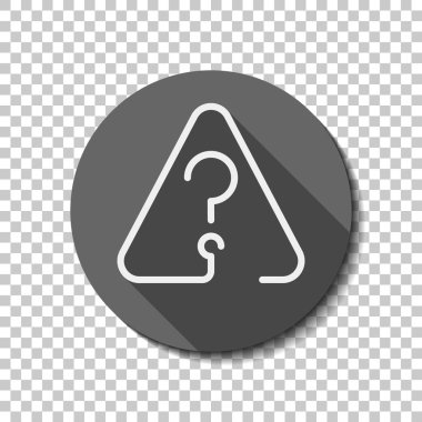 Uyarı üçgeni içinde soru işareti. İnce anahat ile doğrusal simgesi. Bir çizgi stili. Saydam arka plan üzerinde bir dairede uzun gölge beyaz düz simgesi. Rozet veya etiket stili