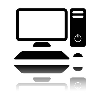 Kişisel bilgisayar, pc. Sistem birimi, monitör, klavye ve fare. Siyah beyaz arka plan ayna yansıması simgesiyle