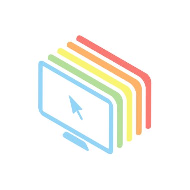 Masaüstü bilgisayar ve fare ok. Basit dijital simgesi. Beyaz arka plan üzerinde renkli izometrik simgeler yığını