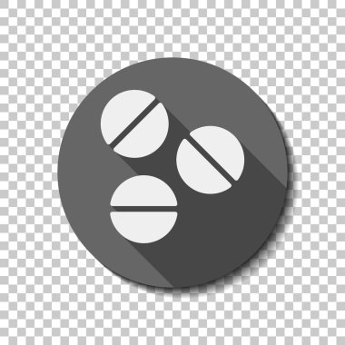 Hapları veya vitamin. Basit simgesi. Saydam arka plan üzerinde bir dairede uzun gölge beyaz düz simgesi. Rozet veya etiket stili