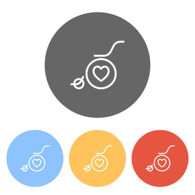 Tekerlekli sandalye ve kalp, anahat simgesi. Renkli daireler üzerinde beyaz simgeler kümesi