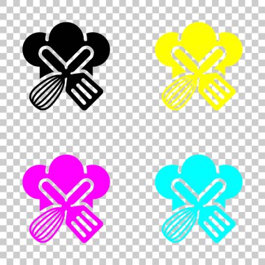 Chef şapka ve araçlar. Mutfak logosu, basit simgesi. Cmyk simgeleri şeffaf arka plan üzerinde renkli dizi