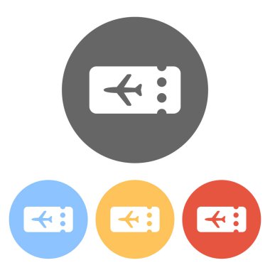 Basit bilet uçak simgesi. Boş kartı. Renkli daireler üzerinde beyaz simgeler kümesi