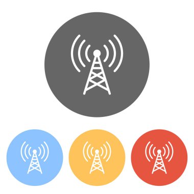 Radyo kulesi simgesi. Doğrusal tarzı. Renkli daireler üzerinde beyaz simgeler kümesi