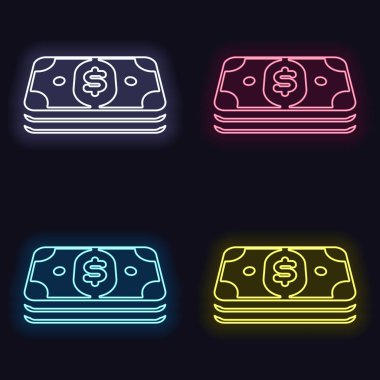 Doları para veya fişlerin sürüsü. İş simgesi. Neon işareti kümesi. Koyu arka plan üzerinde casino tarzı. Seamless modeli
