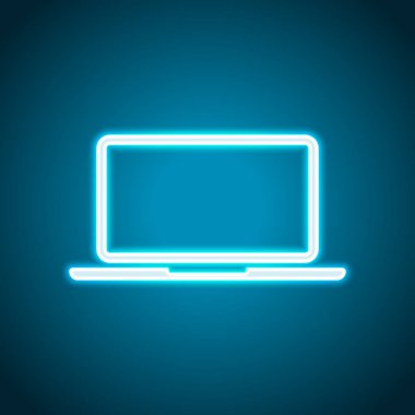 Laptop ya da defter bilgisayar kutsal kişilerin resmi. Neon tarzı. Işık dekorasyon simgesi. Parlak elektrik sembolü