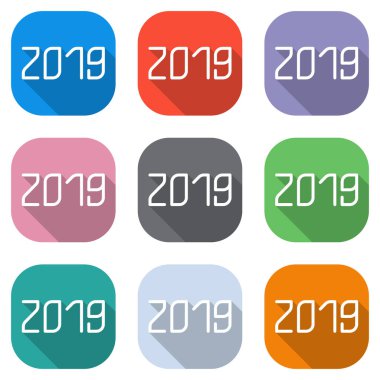 2019 sayı simgesi. Yeni Yılınız Kutlu Olsun. Beyaz simgeleri uygulamalar için renkli kareler olarak ayarlayın. Sorunsuz imkanı ve desen poster için