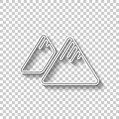 Dağlar simgesi. İnce anahat doğrusal stiliyle. Gölge şeffaf arka plan üzerinde beyaz anahat işaretiyle