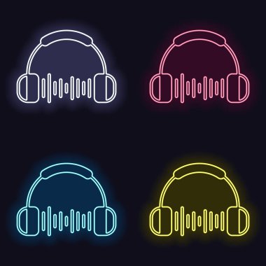 Kulaklık ve müzik dalgası. Max ses seviyesini. Basit simgesi. Neon işareti kümesi. Koyu arka plan üzerinde casino tarzı. Seamless modeli
