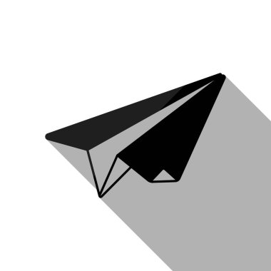 kağıt uçak. origami planör. Uzun gölge beyaz arka planda siyah nesnesiyle