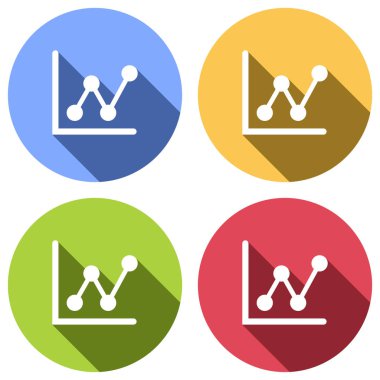 Büyüyen grafik hat simgesi. Mavi, turuncu, yeşil ve kırmızı renkli daireler uzun gölge ile beyaz simgeler kümesi. Etiket tarzı