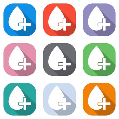 damla kan ve tıbbi çapraz. basit simgesi. Beyaz simgeleri uygulamalar için renkli kareler olarak ayarlayın. Sorunsuz imkanı ve desen poster için