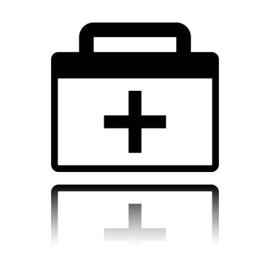 ilk yardım çantası, basit simgesi. Siyah beyaz arka plan ayna yansıması simgesiyle