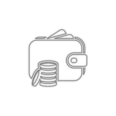 M-cüzdan ve madeni paralar, çanta para ile. Noktalı anahat siluet gölge beyaz arka plan üzerinde