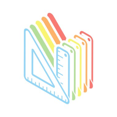 basit cetvel ve üçgen. Beyaz arka plan üzerinde renkli izometrik simgeler yığını