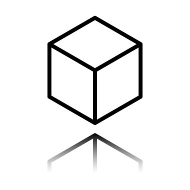 Geometrik boş küp. Basit anahat simgesi. Siyah beyaz arka plan ayna yansıması simgesiyle