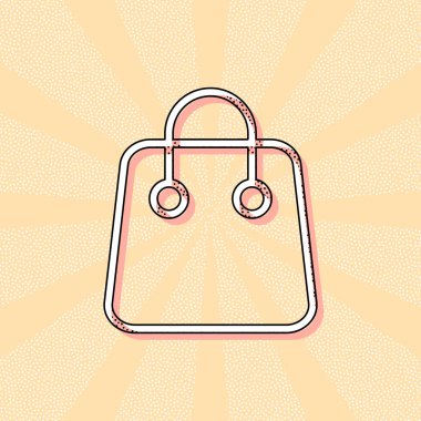 Alışveriş çantası simgesi. Doğrusal, ince anahat. Retro Vintage tipografi ofset baskı etkisi ile. Çizgi roman pop sanat arka plan ile nokta poster