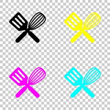 Mutfak Aracı simgesi. Çırpma teli ve spatula, criss ve çapraz. Cmyk simgeleri şeffaf arka plan üzerinde renkli dizi