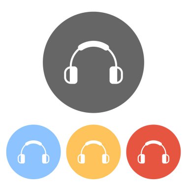 Kulaklık ve müzik. Sesi kısar. Basit simgesi. Renkli daireler üzerinde beyaz simgeler kümesi