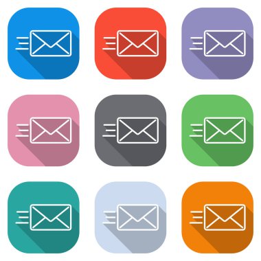 posta simgesini gönderin. SMS hattı. Beyaz simgeleri uygulamalar için renkli kareler olarak ayarlayın. Sorunsuz imkanı ve desen poster için