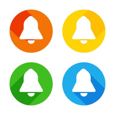 siyah zil simgesini. Renkli daireler arka plan düz beyaz simgesi. Dört farklı uzun gölgeler her köşe