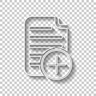 Belge simgesi, kağıt eklemek ve artı bir dairede. Gölge şeffaf arka plan üzerinde beyaz anahat işaretiyle