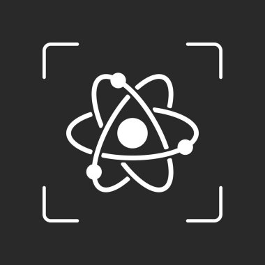 bilimsel atom sembolü, basit simgesi. Beyaz nesne kamera otomatik odaklama koyu arka plan üzerinde