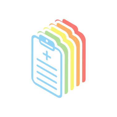 Tablet, tıbbi belge. Beyaz arka plan üzerinde renkli izometrik simgeler yığını