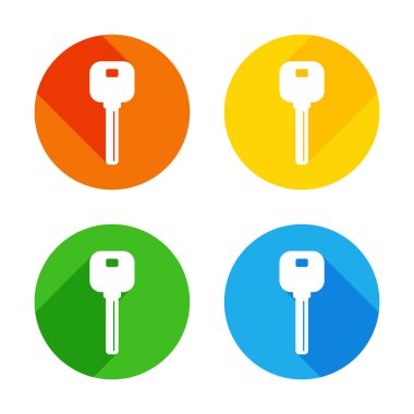 anahtar simgesi. Renkli daireler arka plan düz beyaz simgesi. Dört farklı uzun gölgeler her köşe