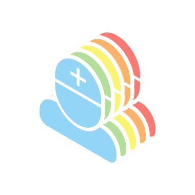 Doktor, tıbbi çapraz kişiyle. Beyaz arka plan üzerinde renkli izometrik simgeler yığını