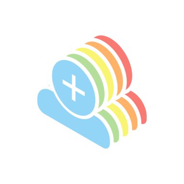 Doktor, tıbbi çapraz kişiyle. Beyaz arka plan üzerinde renkli izometrik simgeler yığını