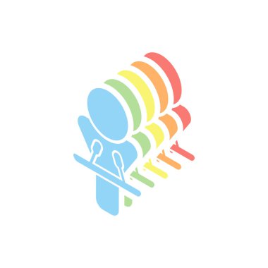 Hoparlör simgesi. Adam ve mikrofonlar. Beyaz arka plan üzerinde renkli izometrik simgeler yığını