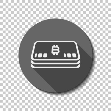 Bitcoin para veya fişlerin sürüsü. İş simgesi. düz simgesi, uzun gölge, daire, şeffaf ızgara. Rozet veya etiket stili