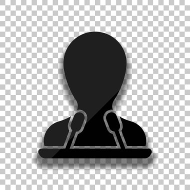 Hoparlör simgesi. Kişi siluet ve mikrofonlar kürsü üzerinde. Saydam arka plan üzerinde yumuşak gölgeli siyah cam kutsal kişilerin resmi