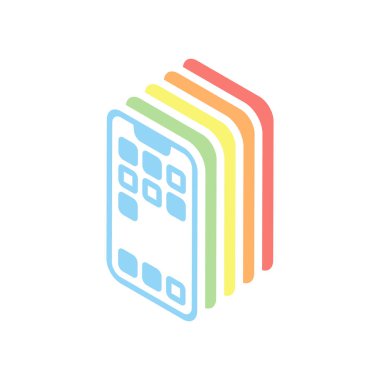 Basit hareket eden telefon simgesi. Doğrusal sembol, ince anahat. Beyaz arka plan üzerinde renkli izometrik simgeler yığını