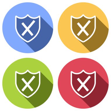 kırık koruma. basit simgesi. Mavi, turuncu, yeşil ve kırmızı renkli daireler uzun gölge ile beyaz simgeler kümesi. Etiket tarzı