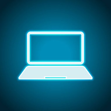 Laptop ya da defter bilgisayar kutsal kişilerin resmi. Neon tarzı. Işık dekorasyon simgesi. Parlak elektrik sembolü