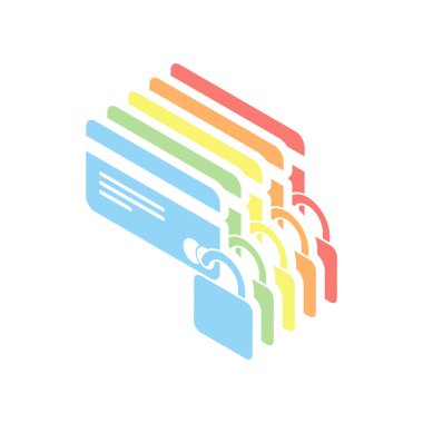 kredi kartı koruma simgesi. Beyaz arka plan üzerinde renkli izometrik simgeler yığını