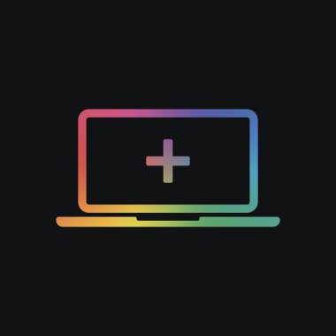 Laptop ya da defter bilgisayar ekranında Tıbbi çapraz. Basit simgesi. Gökkuşağı rengi ve koyu arka plan