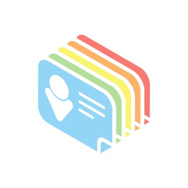 Kimlik kartı simgesi. Beyaz arka plan üzerinde renkli izometrik simgeler yığını