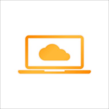 Bulut teknolojisi, bilgisayar yazılımı. Laptop ve bulut. Portakal işareti beyaz arka plan üzerinde düşük ışık ile